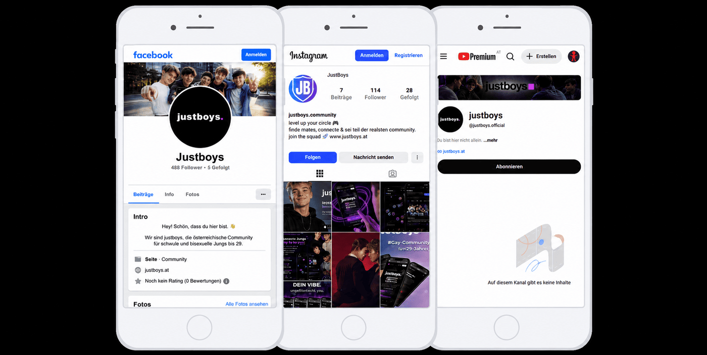 Die justboys-Profile auf Instagram, Facebook und YouTube