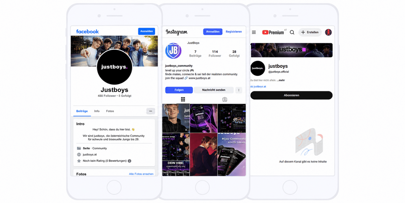 Die justboys-Profile auf Instagram, Facebook und YouTube